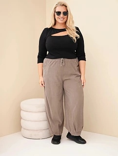 Dámské kalhoty bavlněné Plus Size manšestrové s gumou v pase a kapsami fango zelená