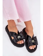 Skórzane Klapki Damskie Na Platformie Z Kokardą CheBello 4647 Czarne