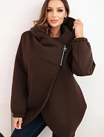 Dámska mikina s kapucňou a asymetrickým zipsom hnedá