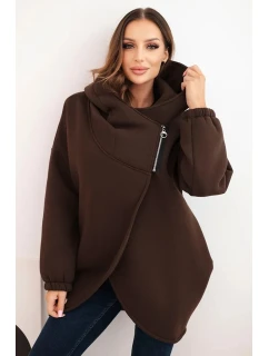 Dámská mikina s kapucí a asymetrickým zipem hnědá