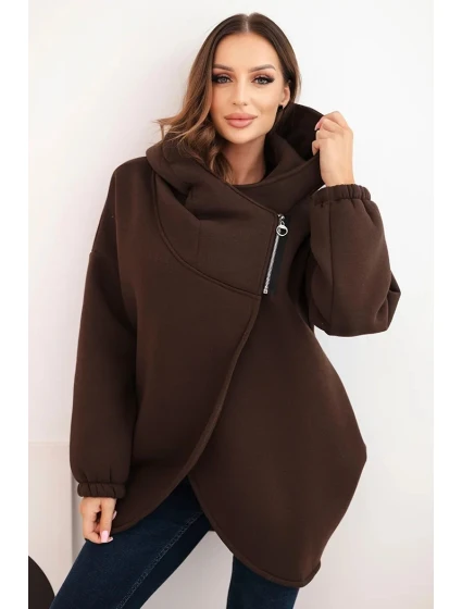 Dámská mikina s kapucí a asymetrickým zipem hnědá