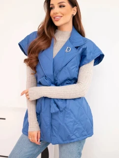 Dámská prošívaná vesta s páskem a širokým límcem chabrová