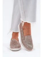 Zamszowe Ażurowe Półbuty Mokasyny Damskie Złote Redileine