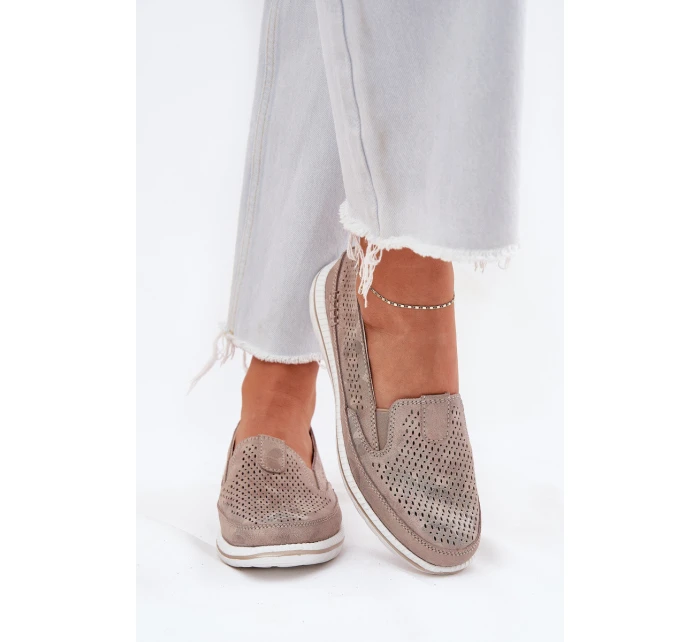 Zamszowe Ażurowe Półbuty Mokasyny Damskie Złote Redileine