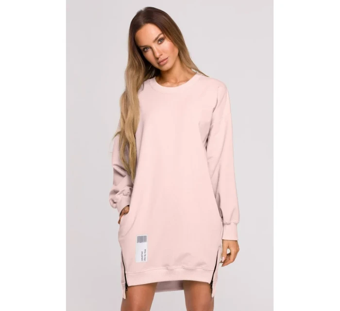 M676 Svetrová tunika so zipsami - cukríkovo ružová