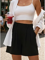 Dámske letné textilné šortky s kožou a ľanom čierne FashionStreet SY0548