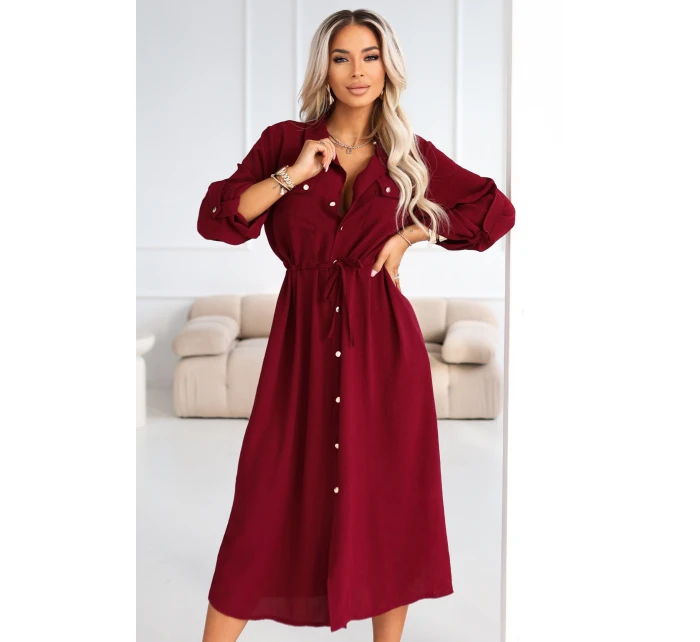 kostkované midi šaty s knoflíky a páskem vínové model 21921783 - numoco basic