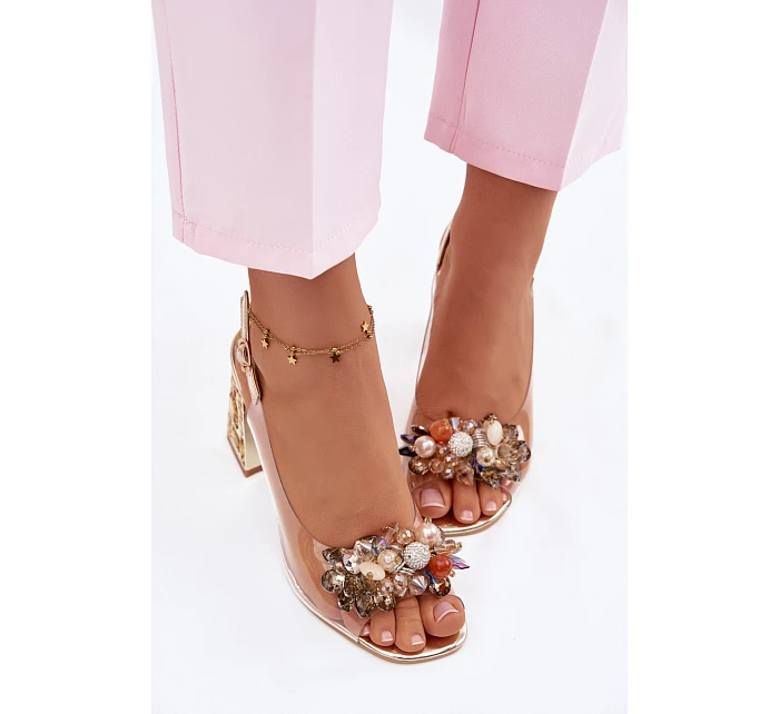 Průhledné sandály na podpatku s krystaly Vinceza 70121 zlaté