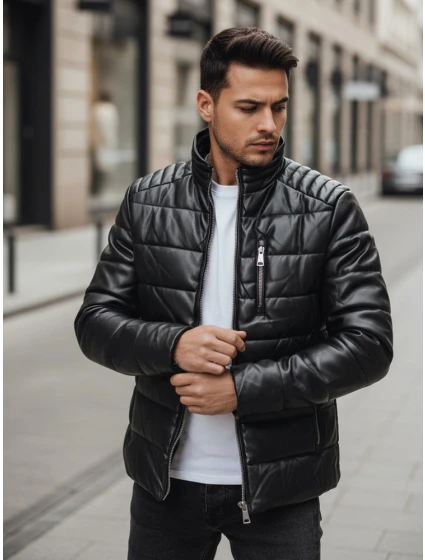 Pánska zateplená kožená bunda čierna FashionStreet TX5115