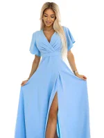 dlouhé šaty s rozparkem na rukávy a výstřihem MODRÉ model 20959370 - numoco