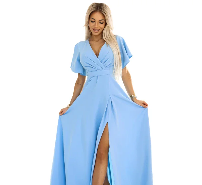 dlouhé šaty s rozparkem na rukávy a výstřihem MODRÉ model 20959370 - numoco