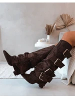 Dámské kozačky na podpatku s ohnutým horním lemem a zlatými sponami Eco semiš čokoládové Isavelle