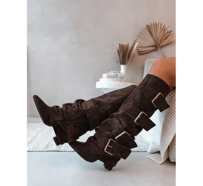 Dámské kozačky na podpatku s ohnutým horním lemem a zlatými sponami Eco semiš čokoládové Isavelle