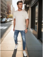 Pánske bavlnené základné tričko s výšivkou cappuccino FashionStreet RX5638 Pánske bavlnené základné tričko s výšivkou cappuccino FashionStreet RX5638