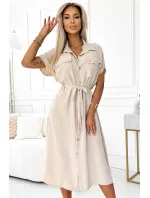 Béžové dámské košilové midi šaty se zlatými zavazováním a krátkými rukávy model 20187384 - numoco basic Béžové dámské košilové midi šaty se zlatými zavazováním a krátkými rukávy model 20187384 - numoco basic