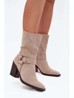Botki Damskie Ocieplane Na Słupku Z Paskami I Ozdobnym Detalem Beżowe Neria