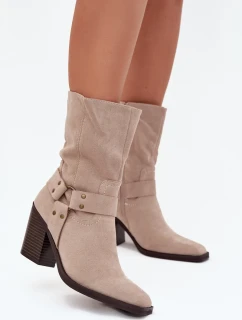 Botki Damskie Ocieplane Na Słupku Z Paskami I Ozdobnym Detalem Beżowe Neria