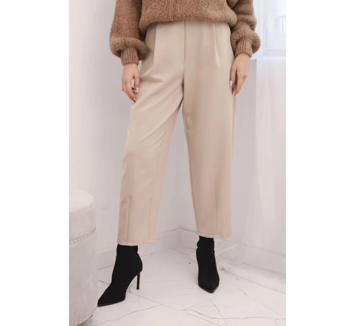 Dámské kalhoty s vysokým pasem a záhyby béžové