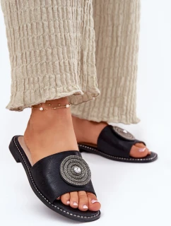 Klapki Damskie Na Płaskim Obcasie Z Ozdobą S.Barski KV51-013 Czarne