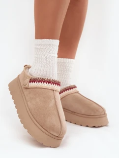 Śniegowce Damskie Niskie Z Ruchomym Paskiem I Haftem Na Platformie Jasnobeżowe Lyrisse