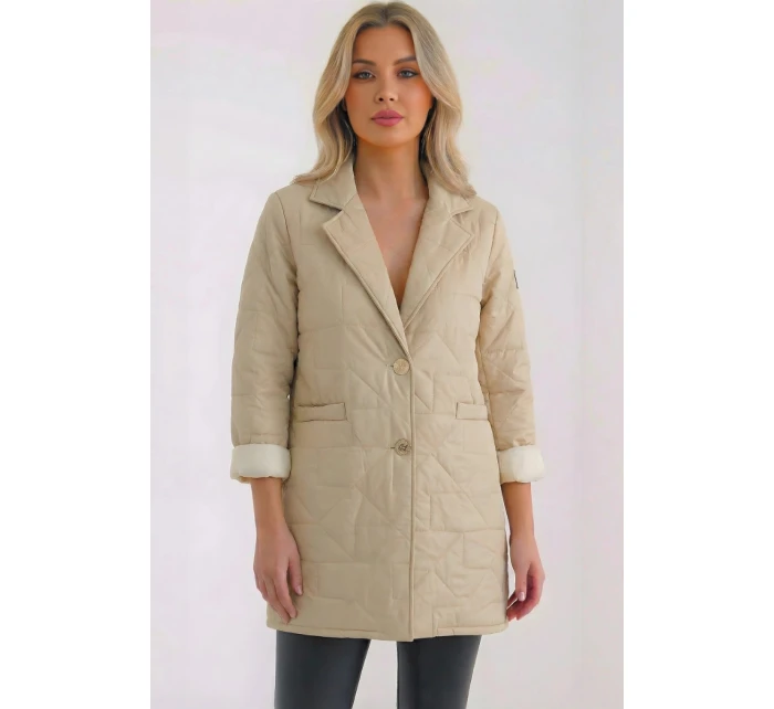 Dámska prešívaná bunda Plus Size s ozdobnými gombíkmi a golierom Dark Beige Dámska prešívaná bunda Plus Size s ozdobnými gombíkmi a golierom Dark Beige