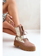 Zazoo 2942 Skórzane Botki Workery Ze Złotą Klamrą Beżowe