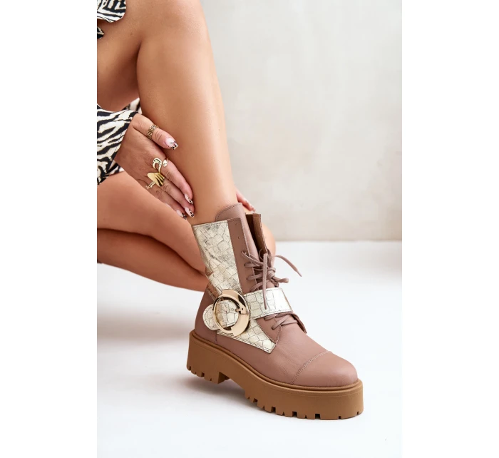 Zazoo 2942 Skórzane Botki Workery Ze Złotą Klamrą Beżowe