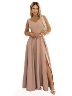 640-4 LORETTA jedinečné dlhé šaty s tylovými rukávmi a výstrihom - béžové 640-4 LORETTA jedinečné dlhé šaty s tylovými rukávmi a výstrihom - béžové