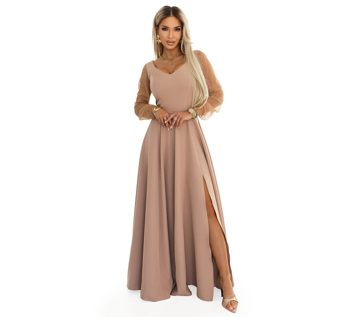 640-4 LORETTA jedinečné dlhé šaty s tylovými rukávmi a výstrihom - béžové 640-4 LORETTA jedinečné dlhé šaty s tylovými rukávmi a výstrihom - béžové