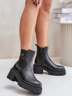 Zazoo 60490 Skórzane Ocieplane Botki Z Ozdobą Czarne