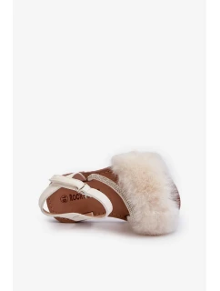 Detské sandále na suchý zips s kožušinou, biele Rosavere