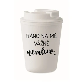 RÁNO NA MĚ VÁŽNĚ NEMLUV. - bílý termohrnek 300 ml RÁNO NA MĚ VÁŽNĚ NEMLUV. - bílý termohrnek 300 ml