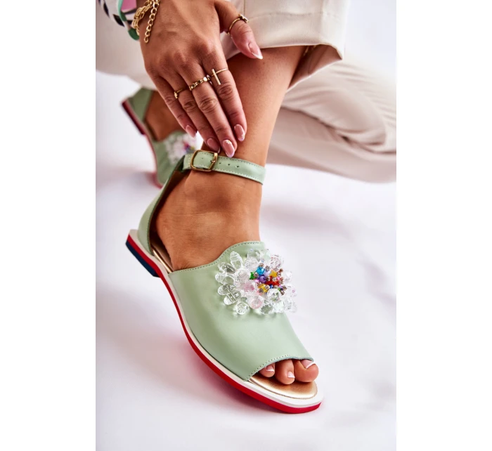 Damskie Skórzane Sandałki Z Ozdobą Zielone Nevassa Damskie Skórzane Sandałki Z Ozdobą Zielone Nevassa