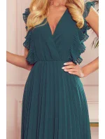 EMILY - Plisované dámske šaty v fľaškovo zelenej farbe s volánikmi a výstrihom 315-1 EMILY - Plisované dámske šaty v fľaškovo zelenej farbe s volánikmi a výstrihom 315-1