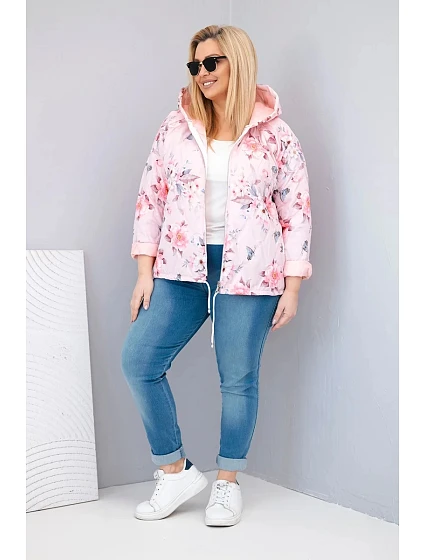 Dámská jarní prošívaná bunda Plus Size s kapucí a květinovým vzorem pudrově růžová