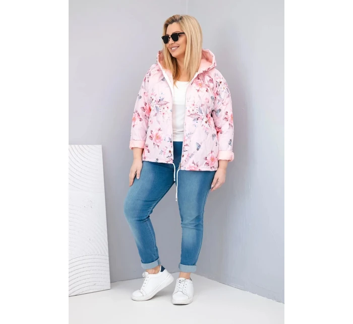 Dámska jarná prešívaná bunda s kapucňou a kvetinovým vzorom Powder Pink