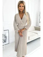 Béžové dámské midi šaty s výstřihem, dlouhými rukávy a širokým opaskem model 19012562 - numoco basic