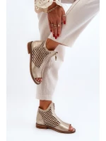 Zazoo 977/L Skórzane Ażurowe Sandały Na Zamek Złote