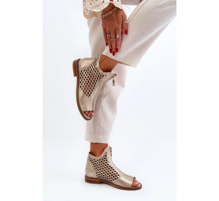Zazoo 977/L Skórzane Ażurowe Sandały Na Zamek Złote