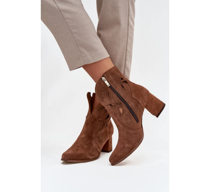 Zamszowe Ażurowe Botki Damskie Na Słupku Zazoo 3647 Brązowe