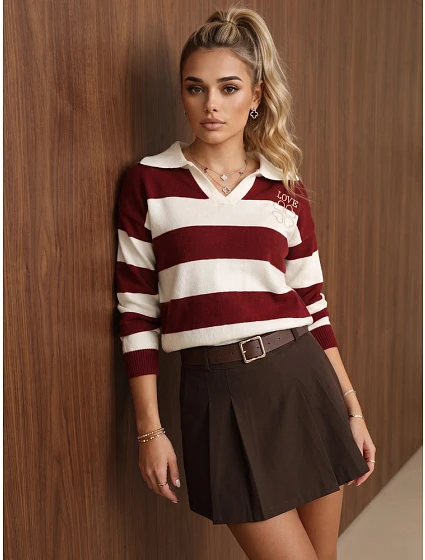 Dámský svetr s límečkem a výšivkou LOVE vínová FashionStreet MY2658