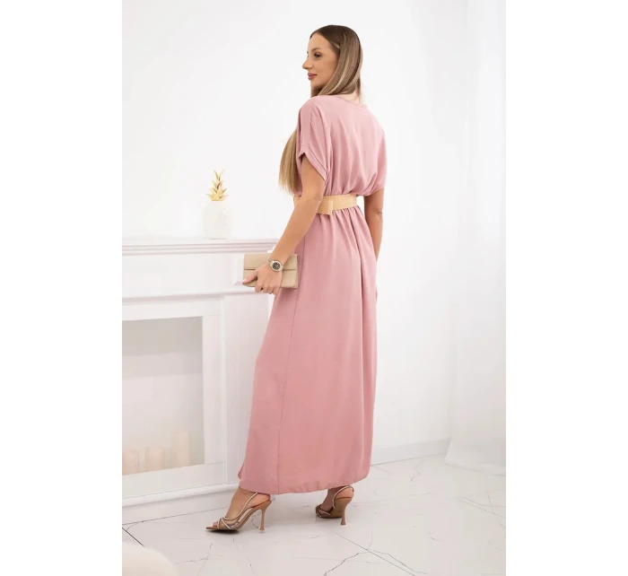 Dlhé šaty s ozdobným opaskom tmavo púdrovo ružové