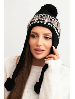 Dámska zimná vlnená čiapka s ušnými klapkami a bambuľkami K436 black + mocha