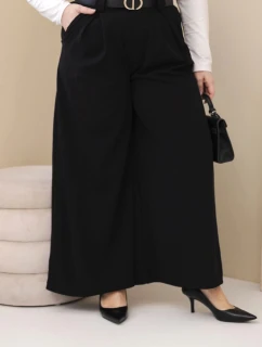 Dámské kalhoty Plus Size viskózové s širokou nohavicí a páskem černé