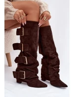 Dámské kozačky na podpatku s ohnutým horním lemem a zlatými sponami Eco semiš čokoládové Isavelle