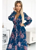 519-3 Plisované šifónové dlhé šaty s výstrihom, dlhými rukávmi a opaskom - MODRÉ s kvetmi 519-3 Plisované šifónové dlhé šaty s výstrihom, dlhými rukávmi a opaskom - MODRÉ s kvetmi