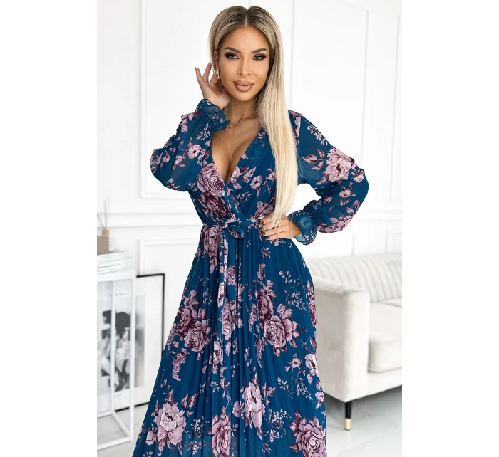 519-3 Plisované šifónové dlhé šaty s výstrihom, dlhými rukávmi a opaskom - MODRÉ s kvetmi 519-3 Plisované šifónové dlhé šaty s výstrihom, dlhými rukávmi a opaskom - MODRÉ s kvetmi