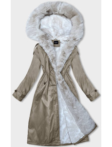 Béžová dámska zimná bunda parka s kožušinou (B557-46046)