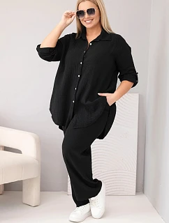 Dámský komplet Plus Size s košilí na knoflíky a kalhotami se širokými nohavicemi černý model 22069907 - K-Fashion