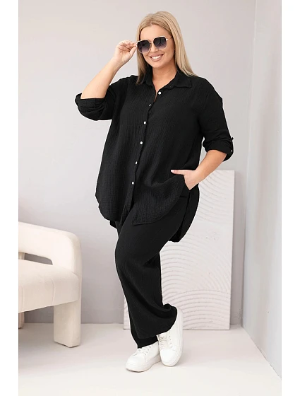Dámský komplet Plus Size s košilí na knoflíky a kalhotami se širokými nohavicemi černý model 22210832 - K-Fashion Dámský komplet Plus Size s košilí na knoflíky a kalhotami se širokými nohavicemi černý model 22210832 - K-Fashion